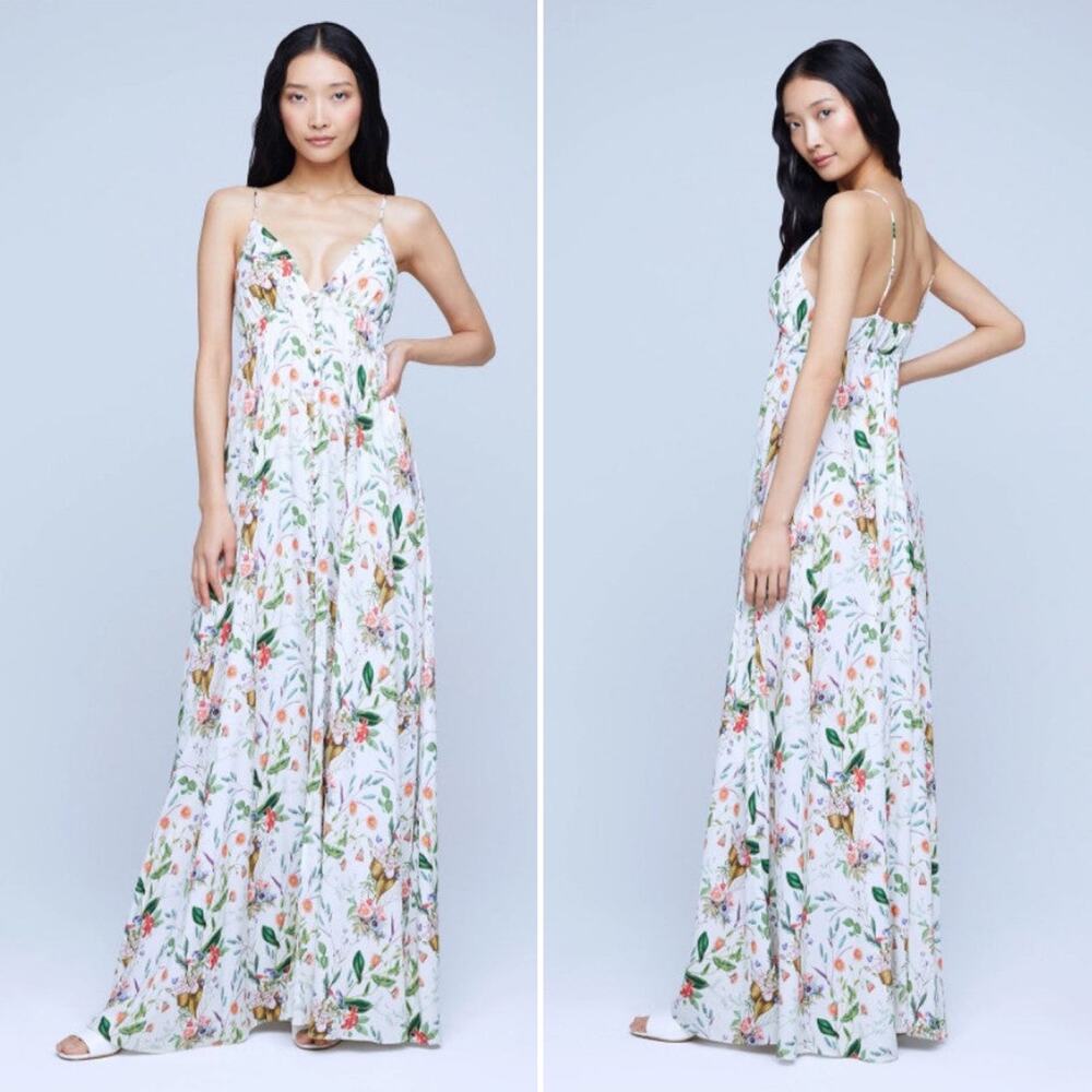L'Agence Stefani Botanical ButtonFront Maxi Dress XXS White Pink Floral Flowy‎